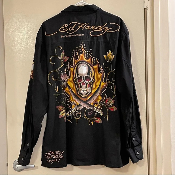 ED HARDY By CHRISTIAN AUDIGIER Long Sleeve Embroidered Button Down Shirt - Picture 2 of 11